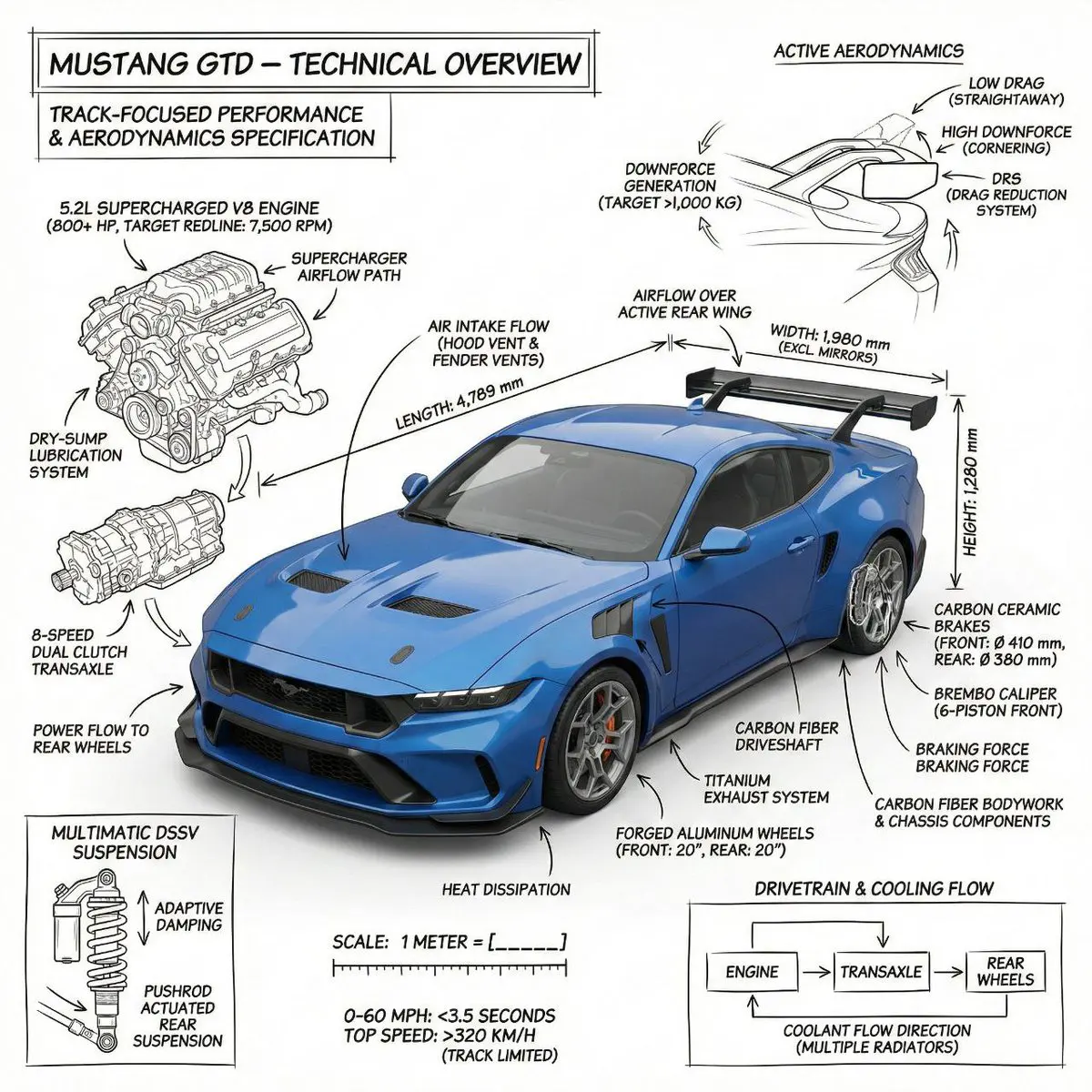 Create an infographic image of Mustang GTD combining a r...