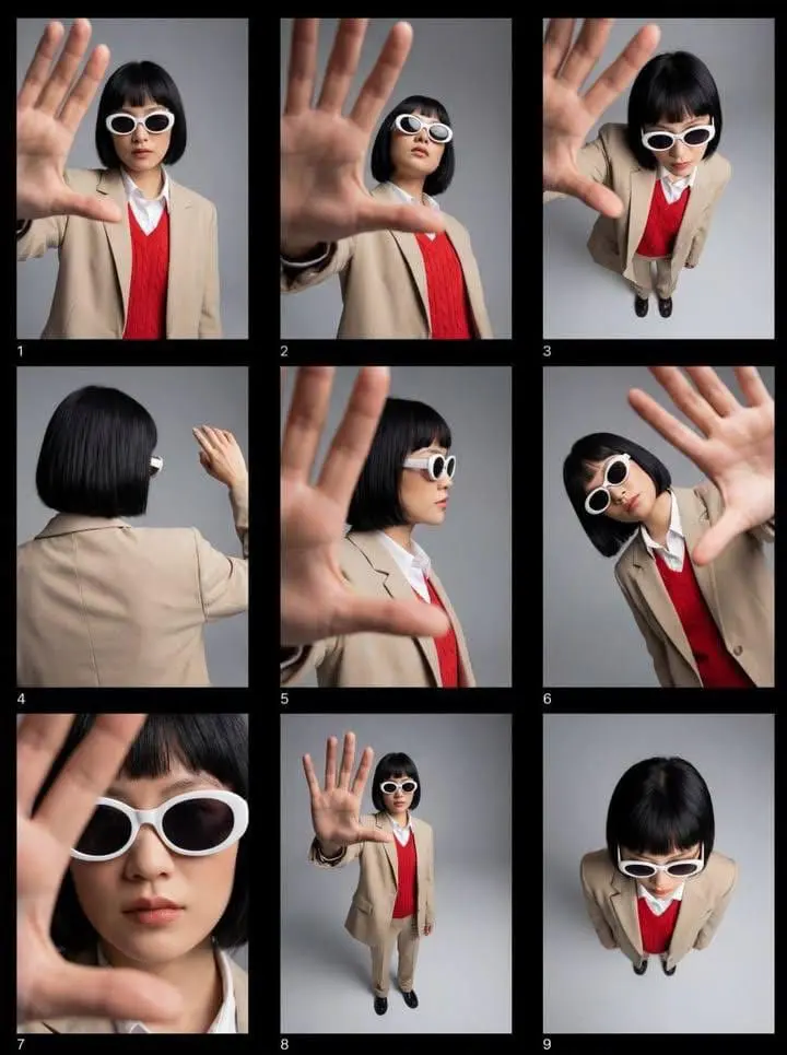 Editorial fashion contact sheet of a modern woman with a ...