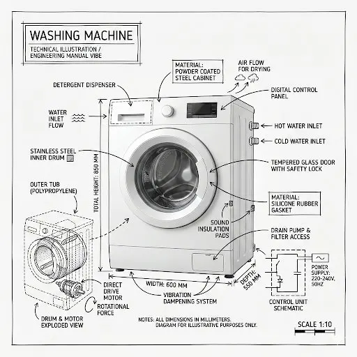Create an infographic image of [washing machine], combini...