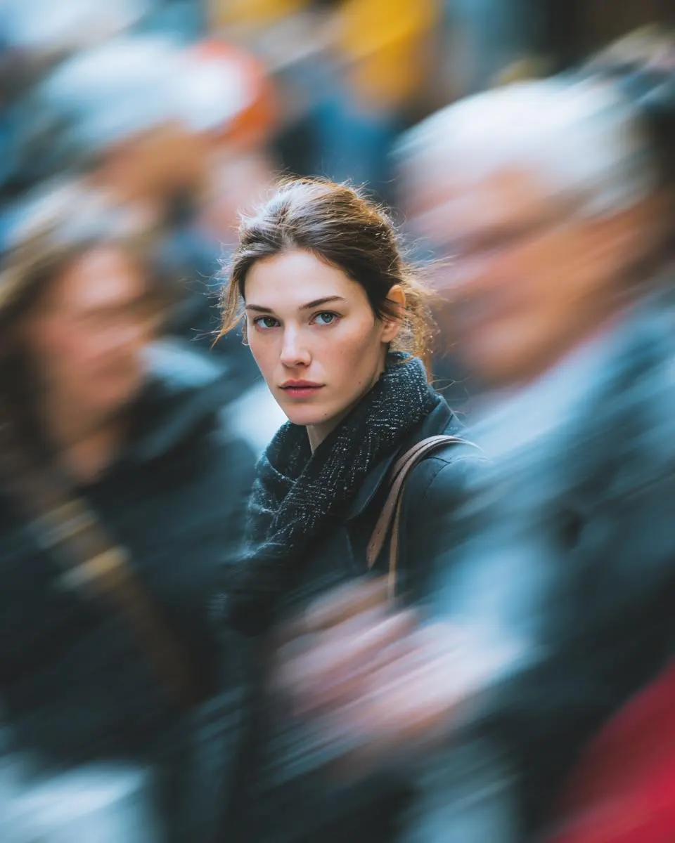 Ultra-realistic cinematic street portrait of a young woma...