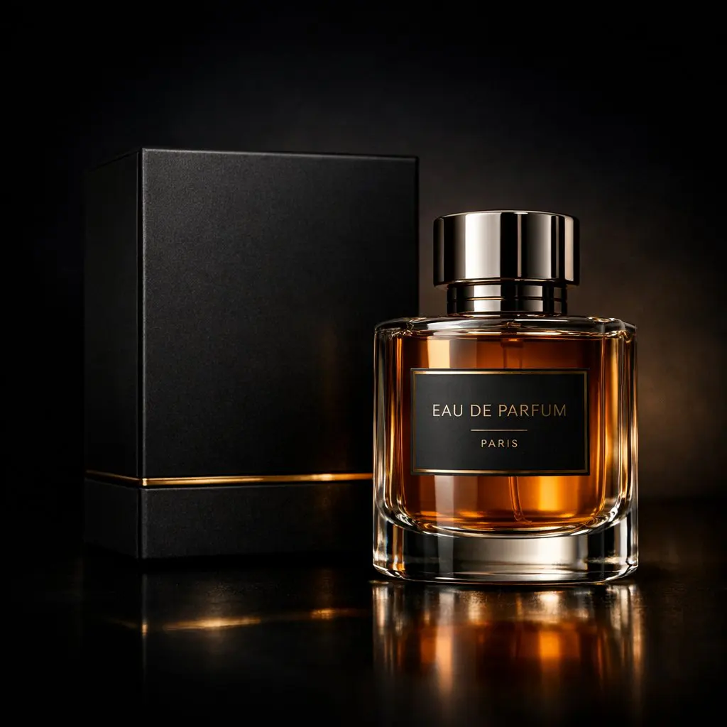 Luxury perfume product photography in a dark cinematic st...