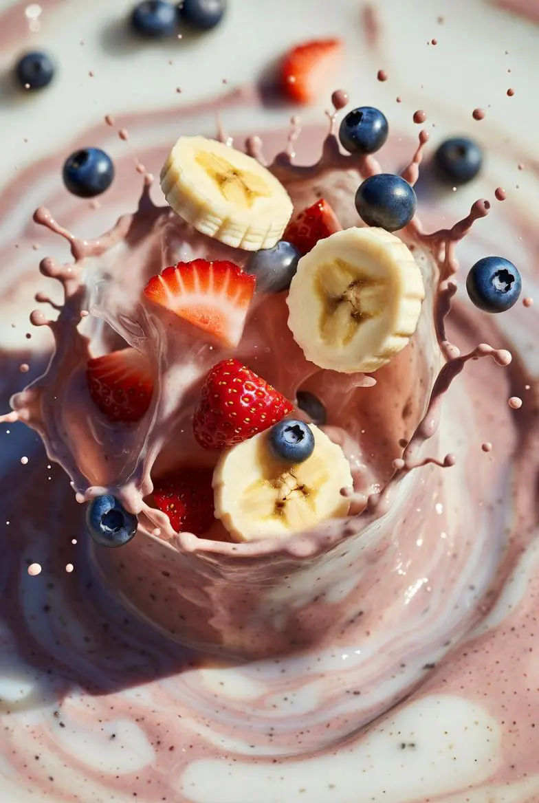 Ultra-realistic smoothie explosion, banana slices, strawb...