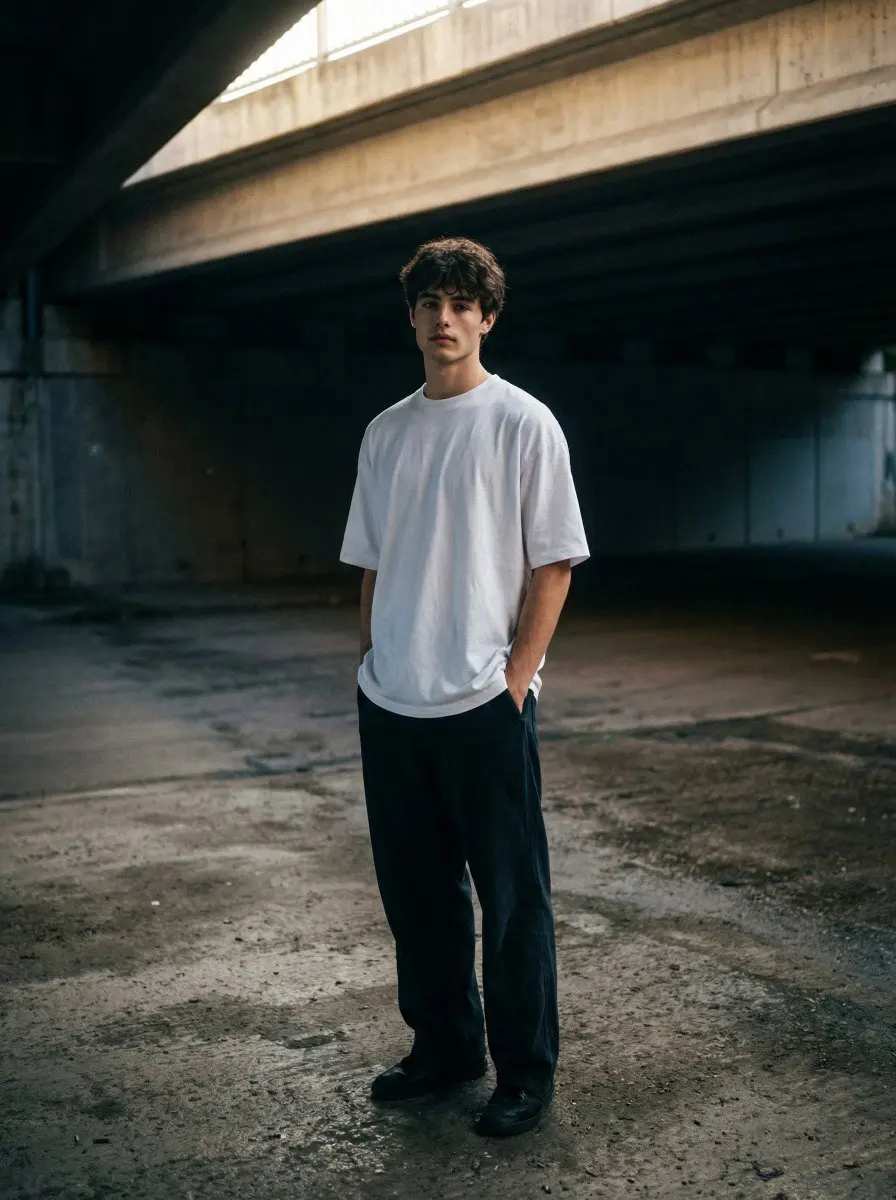 A moody, urban portrait of me standing under a desolate c...