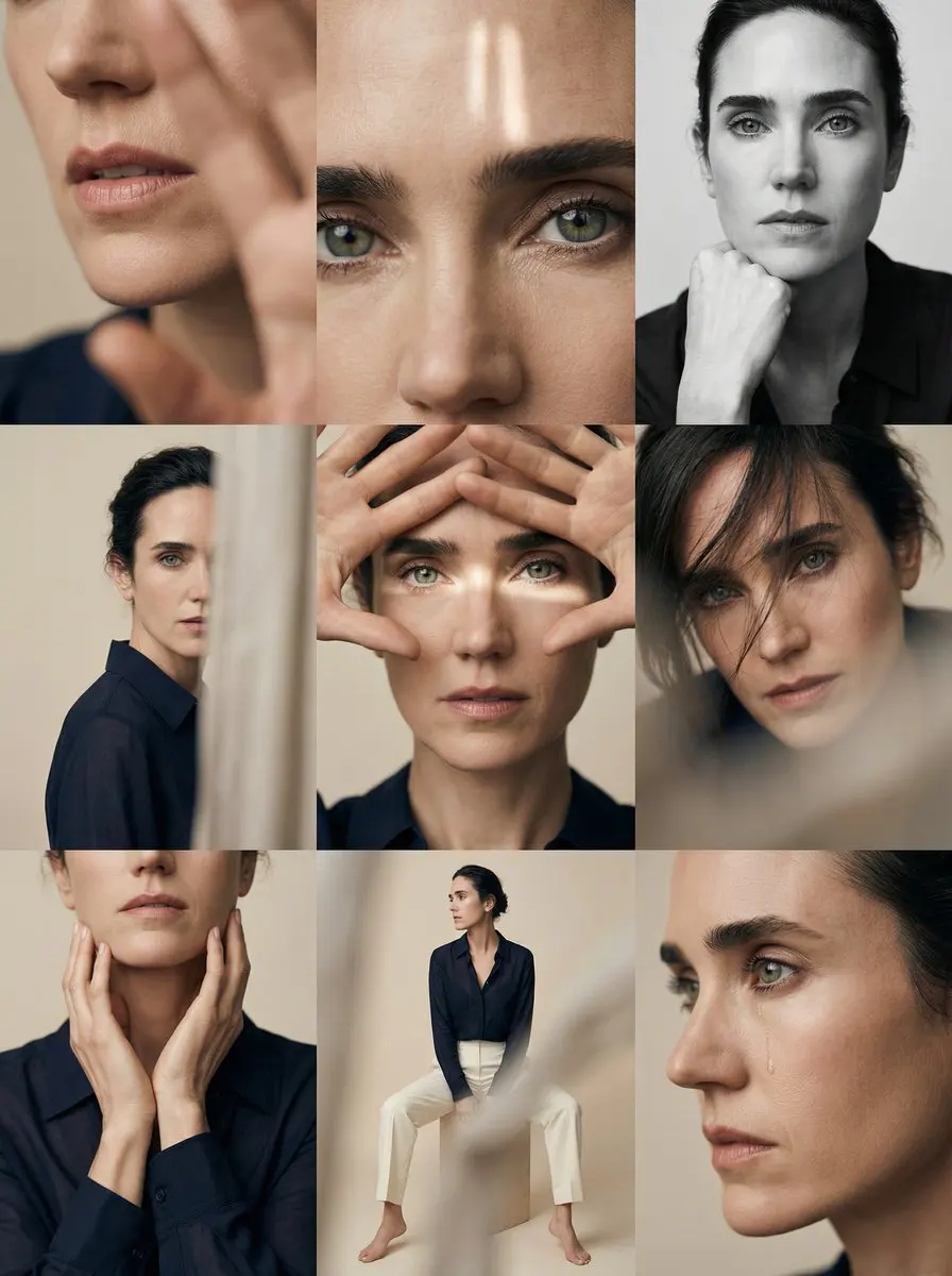 Editorial 3x3 photo grid in a clean soft beige studio. Ch...