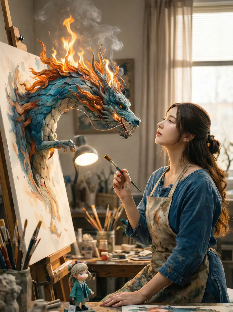 A cinematic fantasy scene inside a cozy artist’s studio. ...