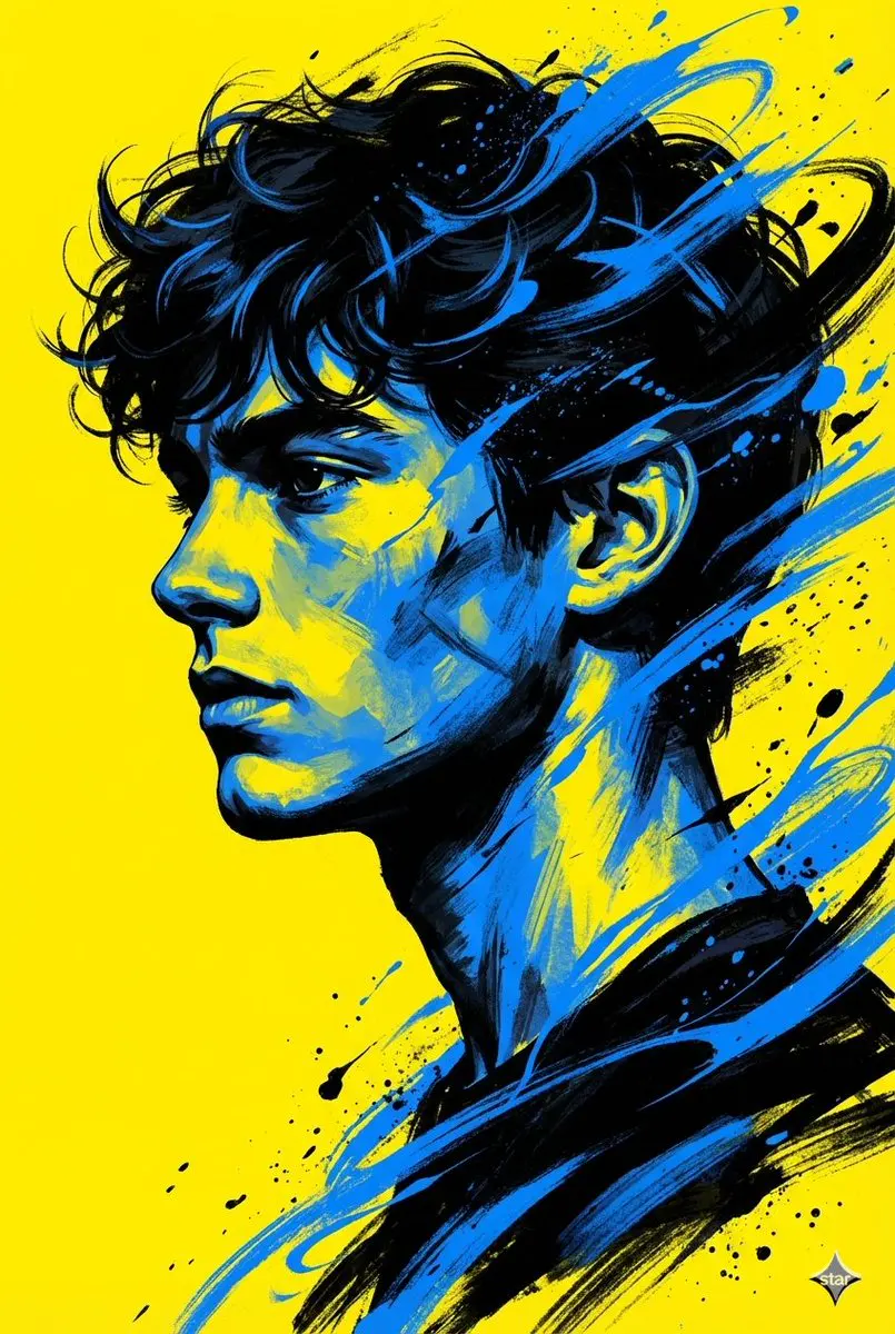 A bold, high contrast digital portrait of a young man in ...