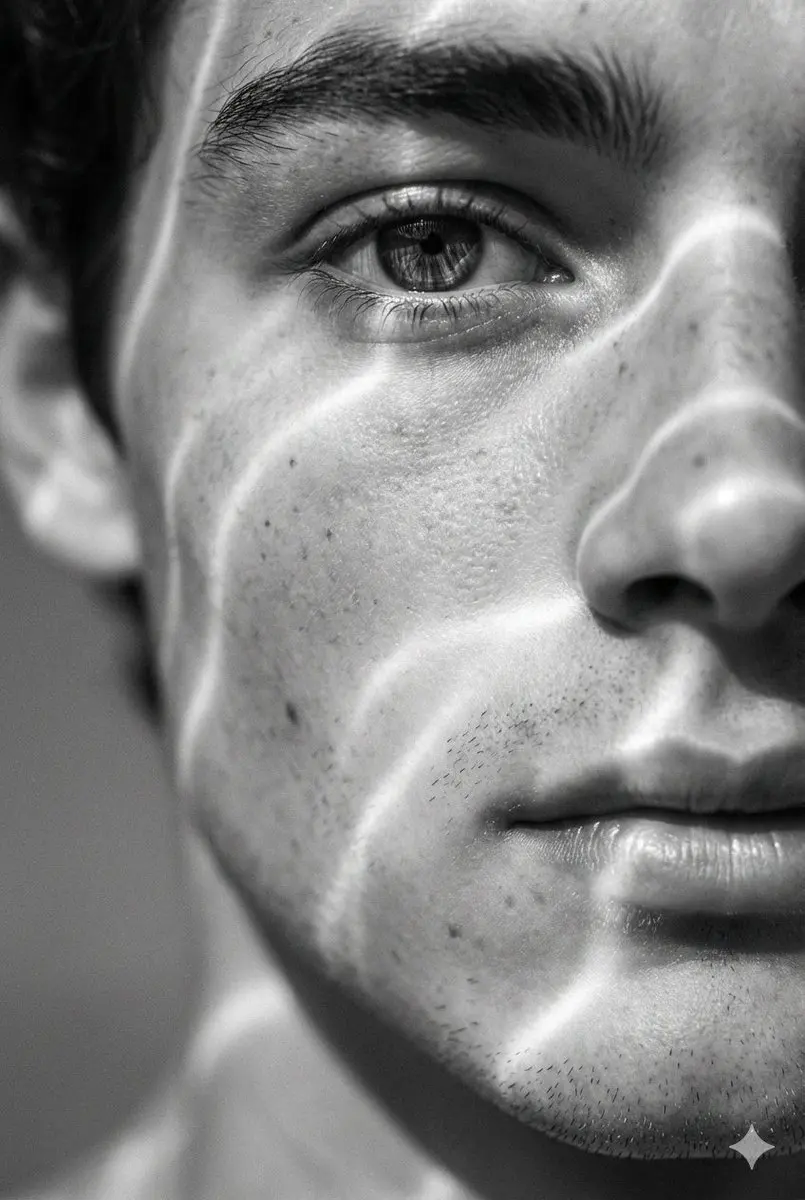 A hyperrealistic 8K black and white extreme close-up port...