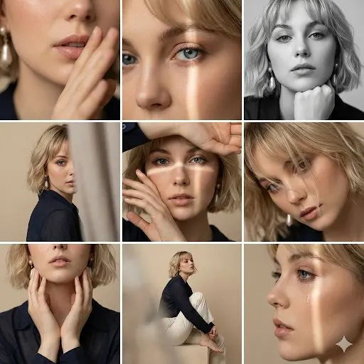 Editorial 3x3 photo grid in a clean soft beige studio. Ch...