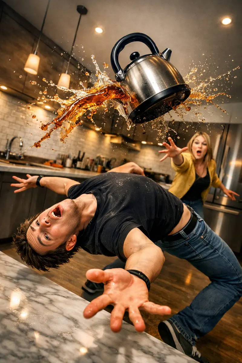 Surreal comedic scene inside a modern kitchen: a young ma...