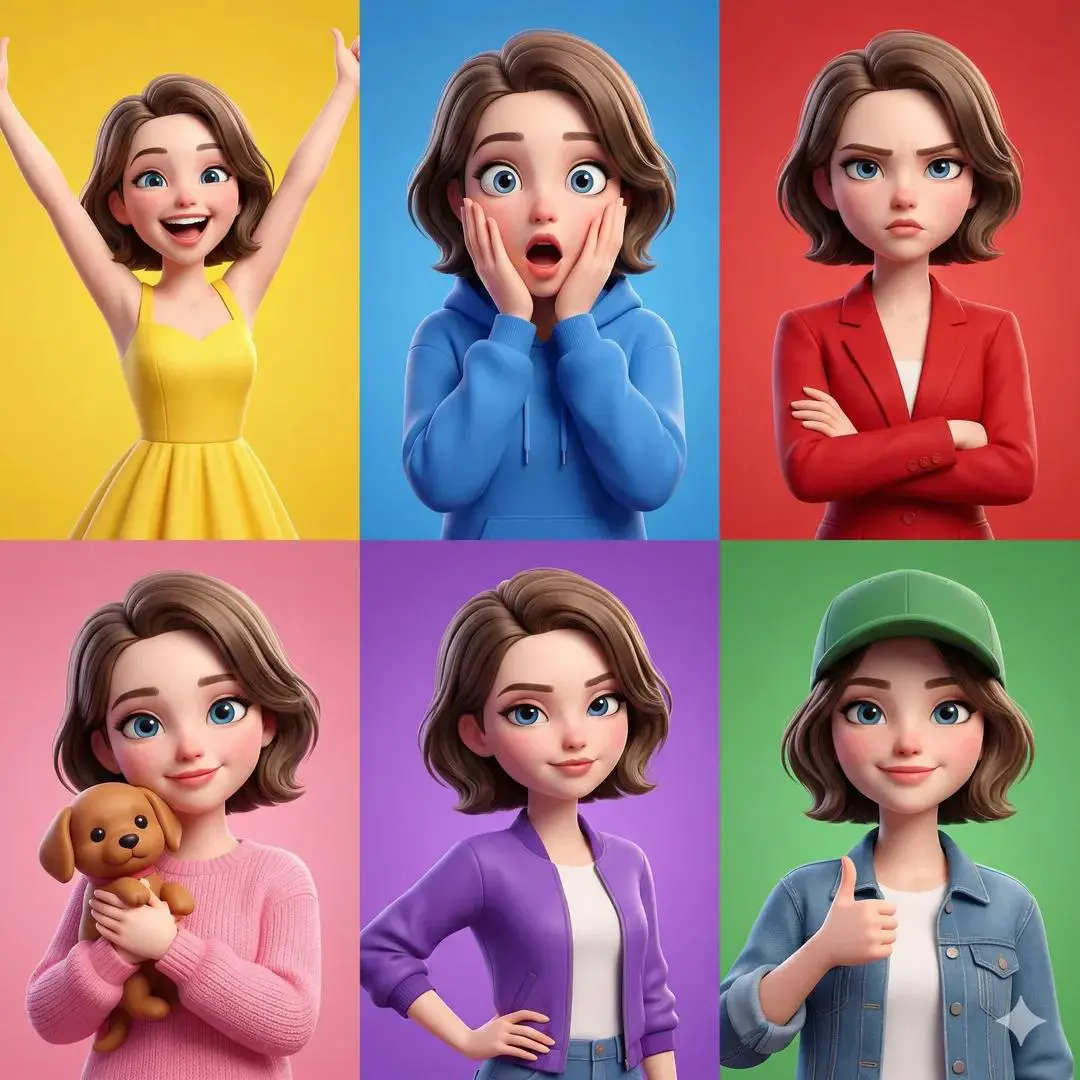 3D Pixar-style animated girl shown in a 6-panel grid, sam...