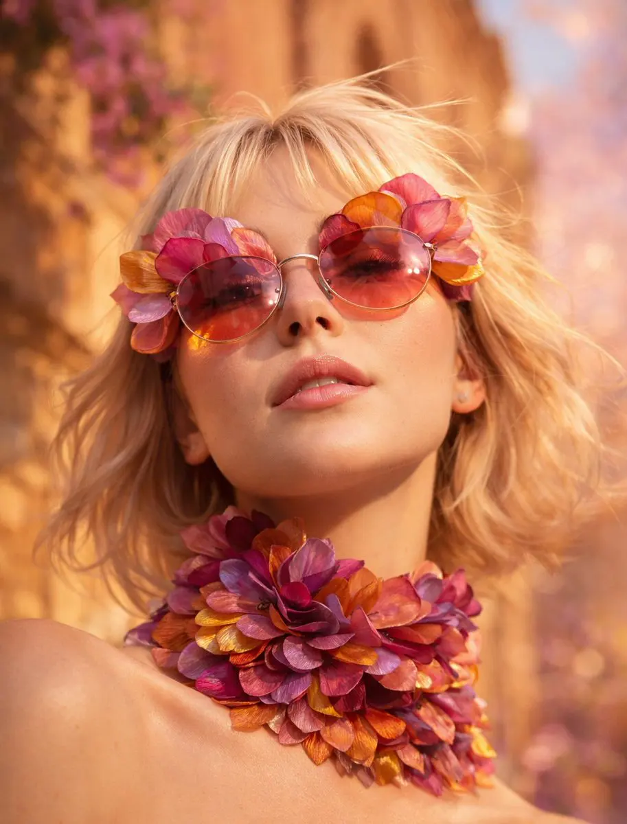 Low-angle close-up portrait of a platinum blonde woman we...