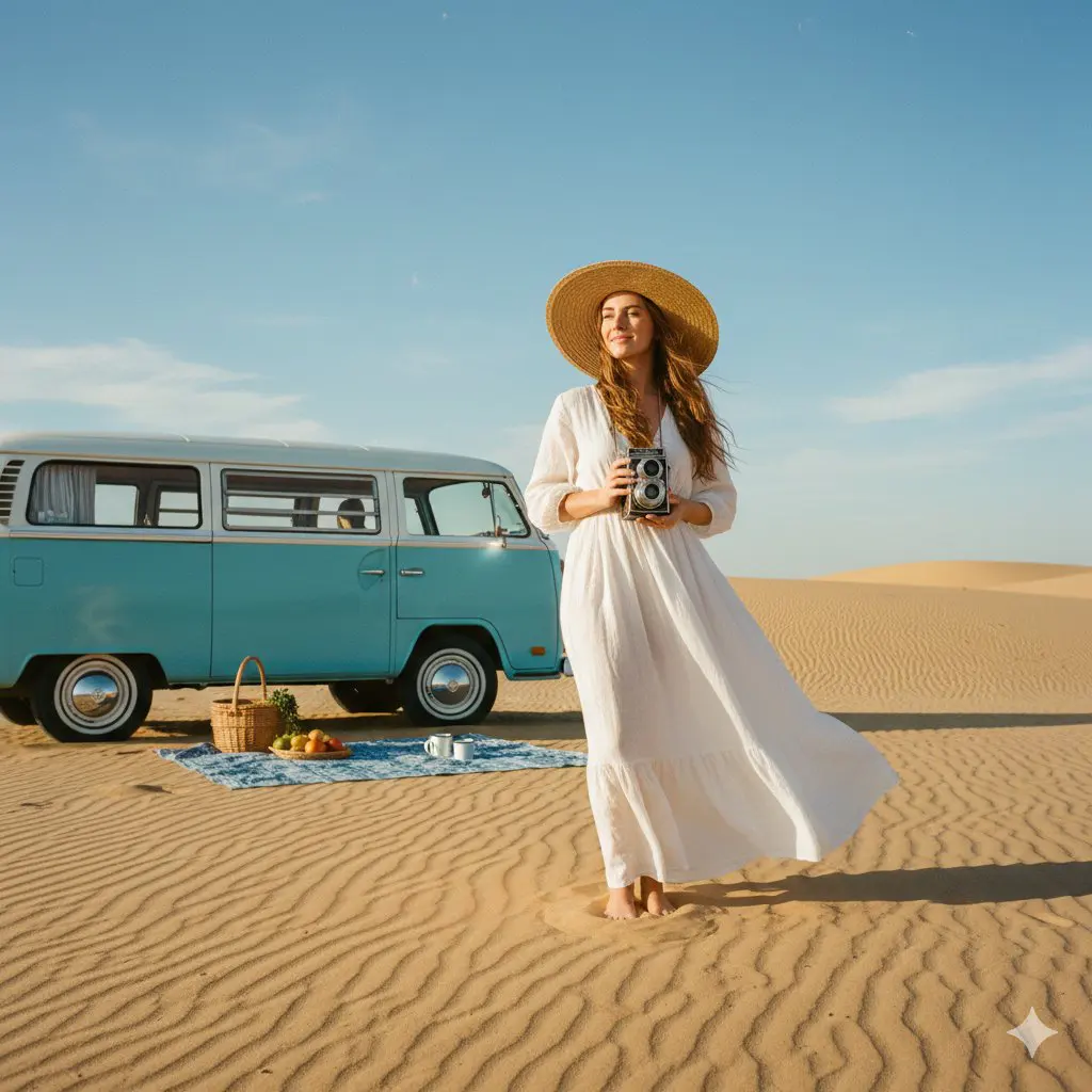 A wide shot of a woman in an airy white linen maxi dress ...