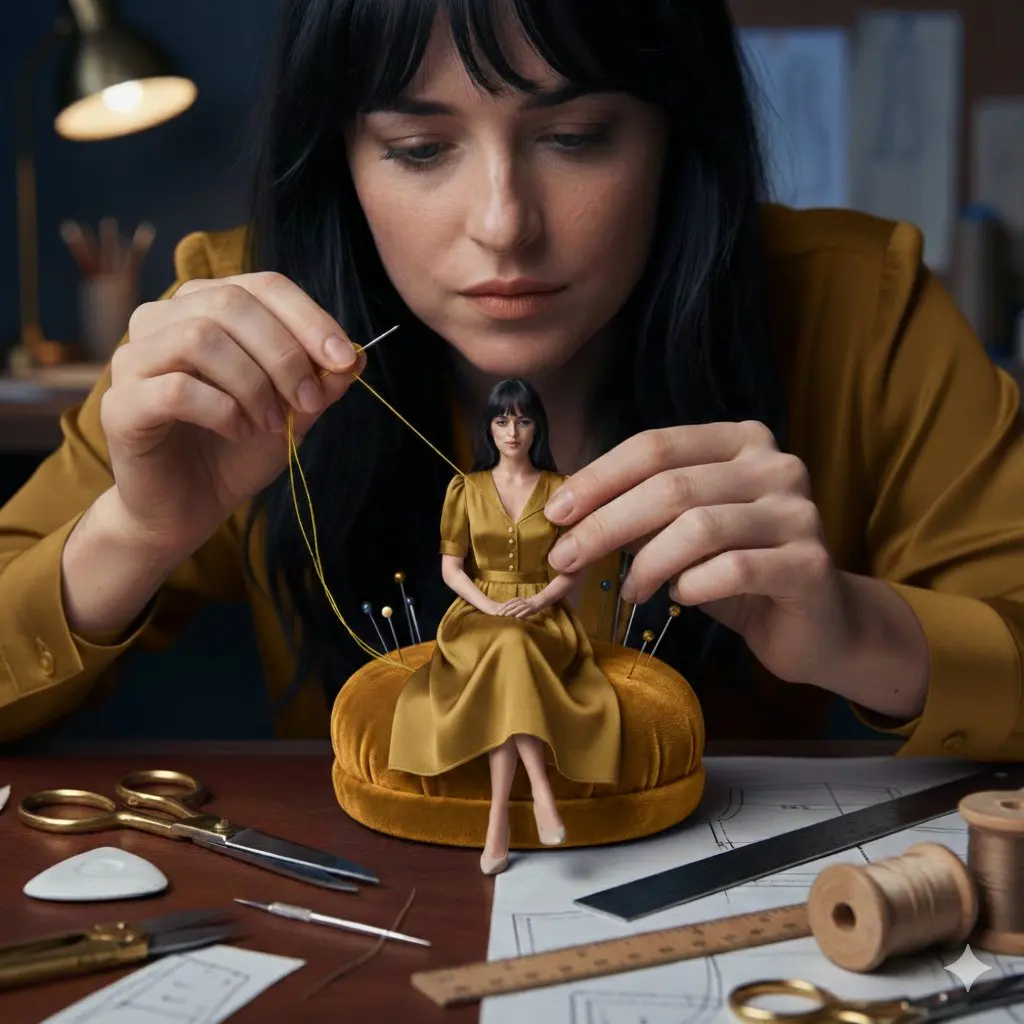 A cinematic fashion studio scene of a woman hand-sewing a...