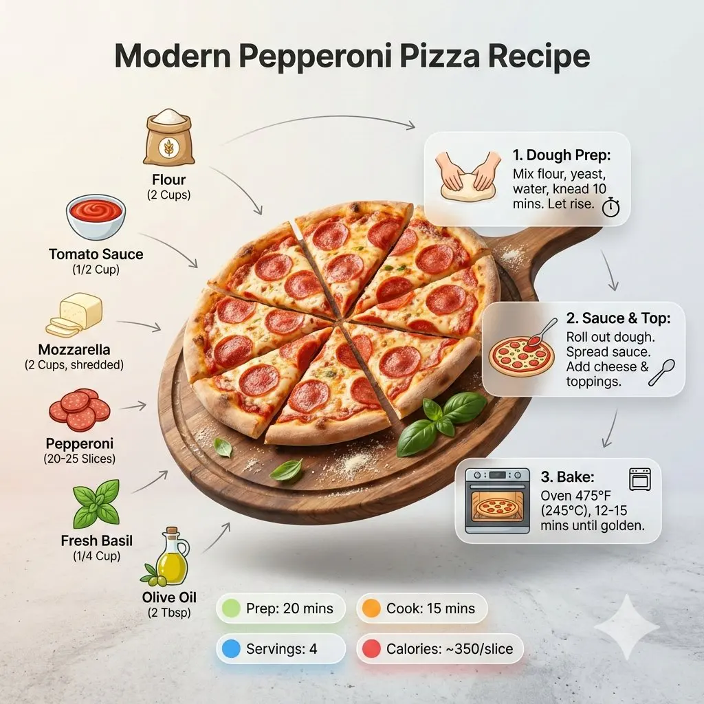 Ultra-clean modern recipe infographic. Showcase Pizza in...