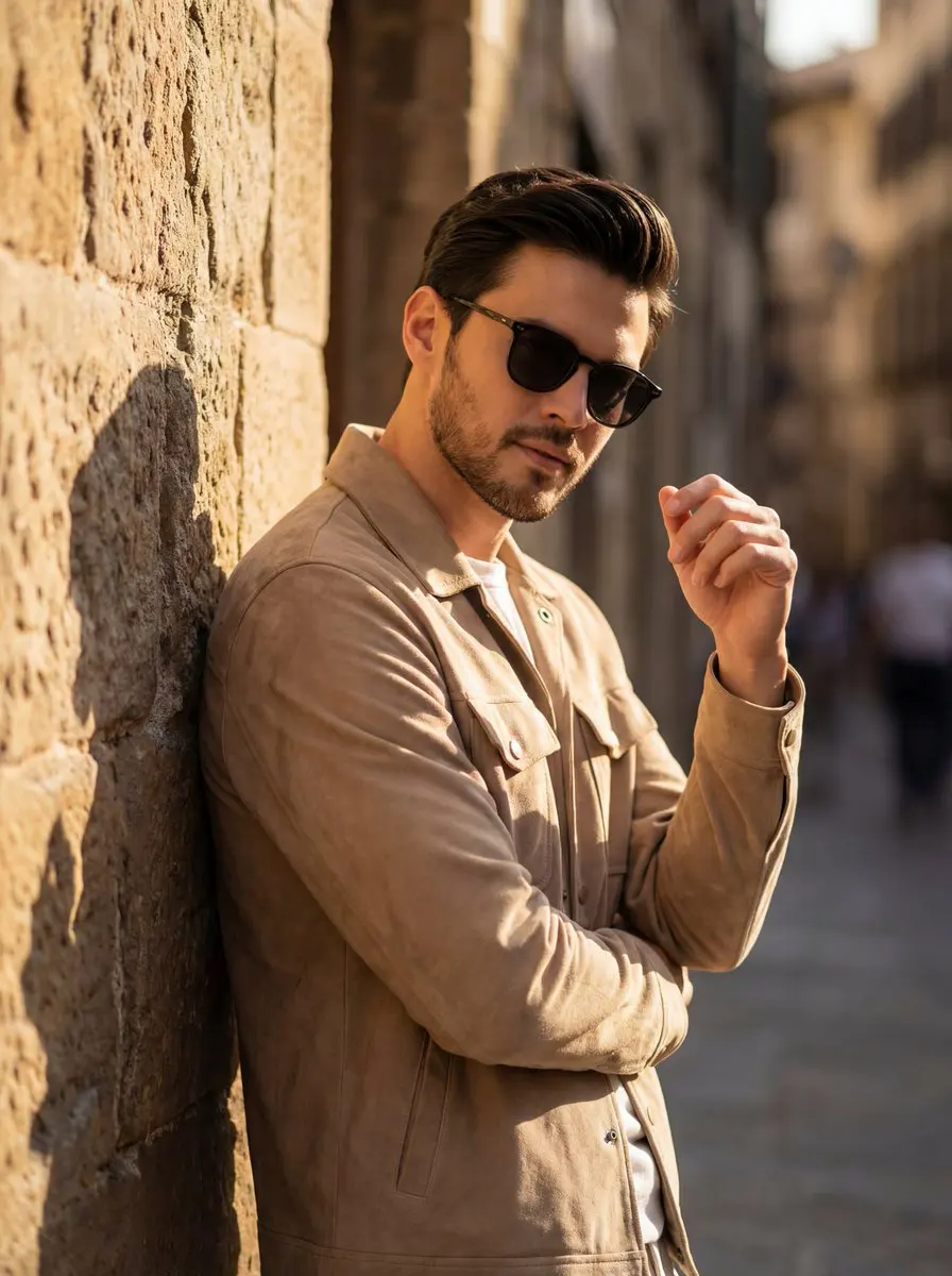 A cinematic golden hour portrait of a stylish man leaning...