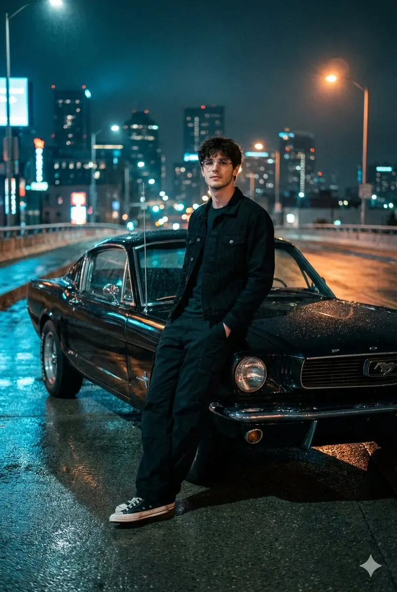 A Cinematic Night Photo On A Dimly Lit Urban Overpass Wit...