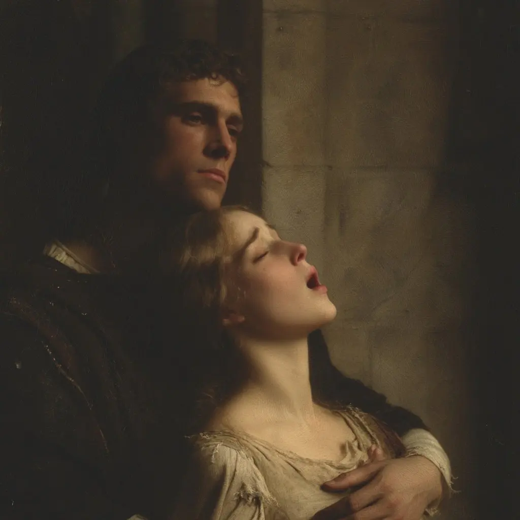 A melancholic medieval young woman with a soft, sorrowful...
