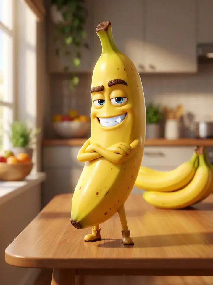 A Pixar-style 3D animated character of a single banana. H...