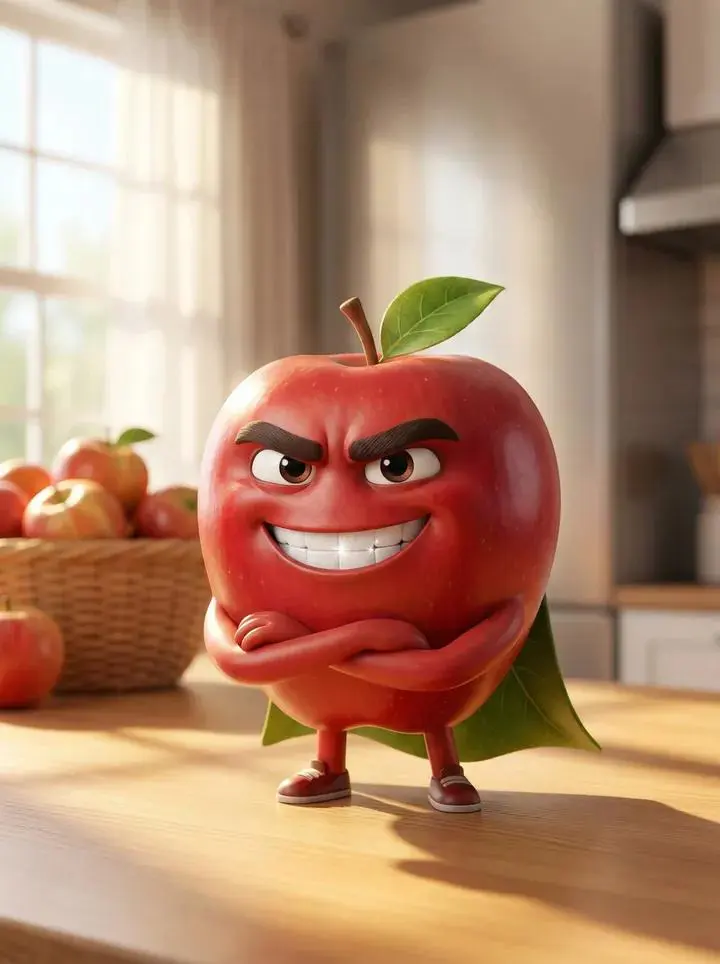 A Pixar-style 3D animated character of a single red apple...