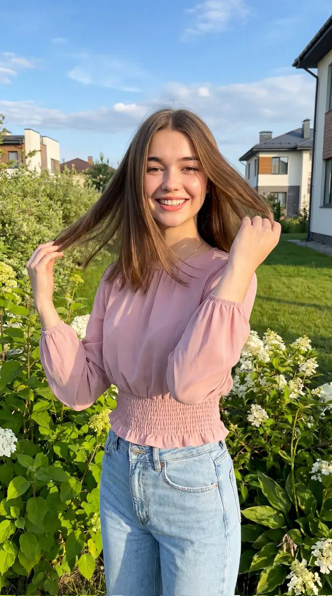 A cheerful young woman standing outdoors in a lush green ...