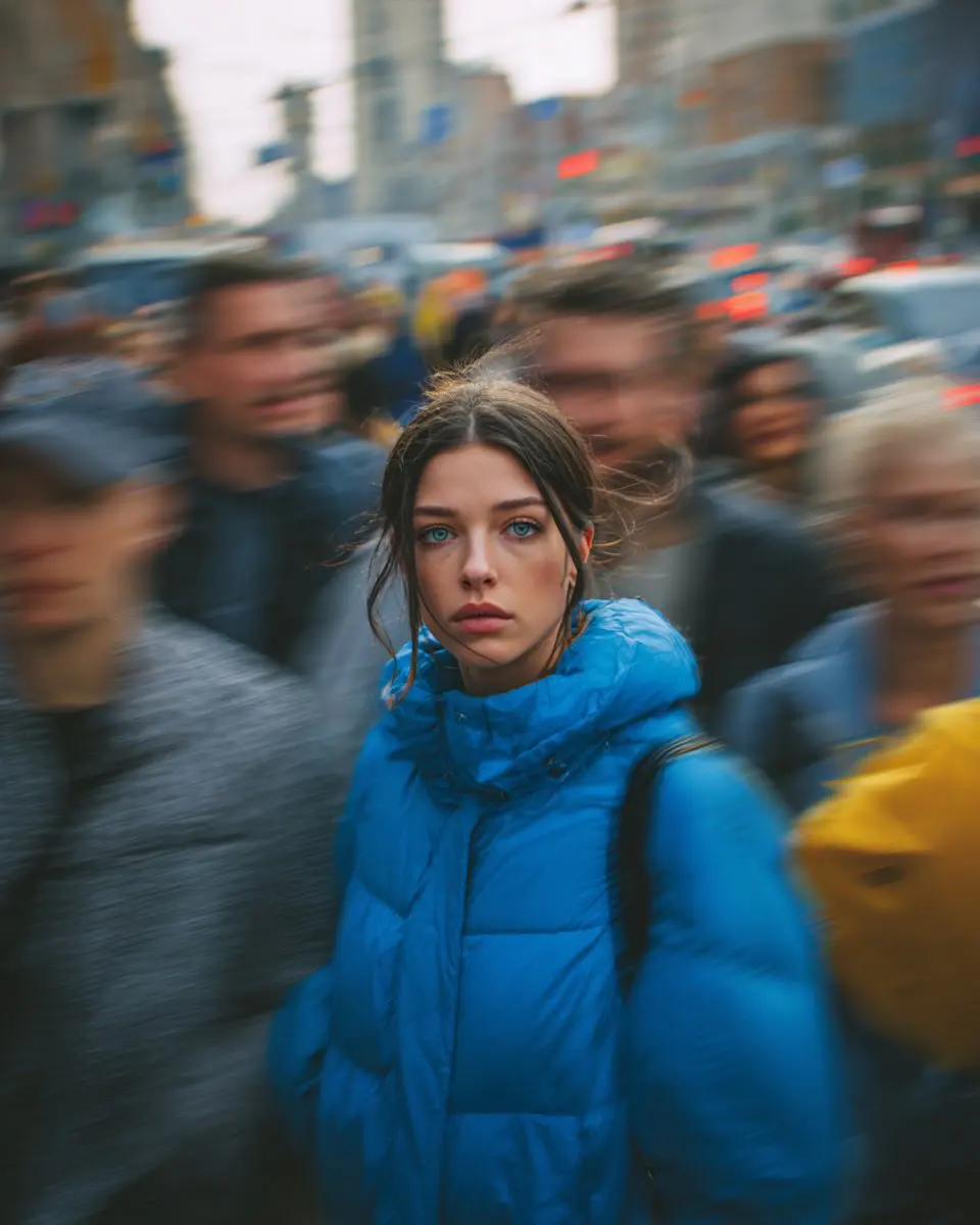 Ultra-realistic cinematic street portrait of a young woma...
