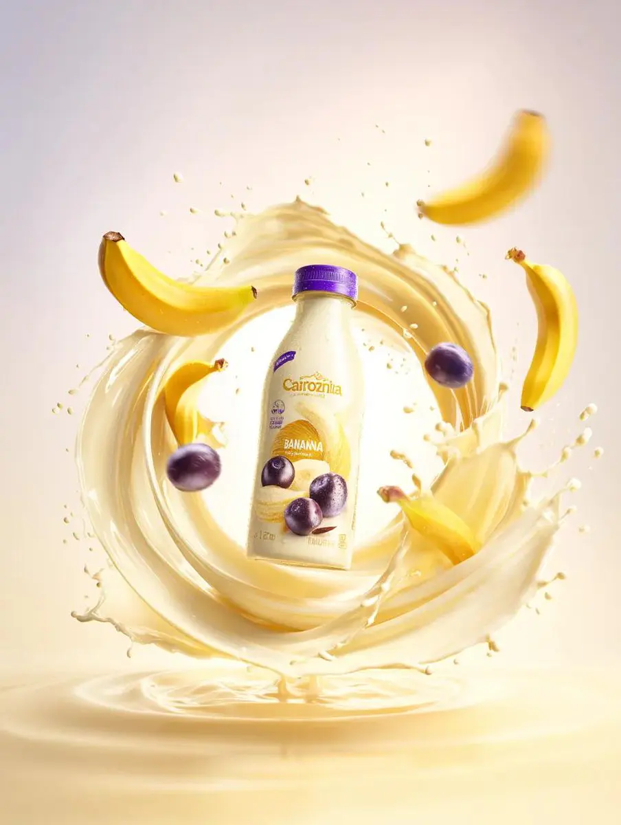 Premium banana milk drink bottle surrounded by swirling m...