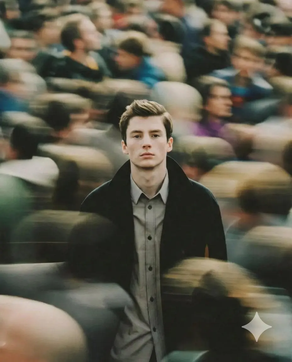 A cinematic portrait of a young man standing still in the...