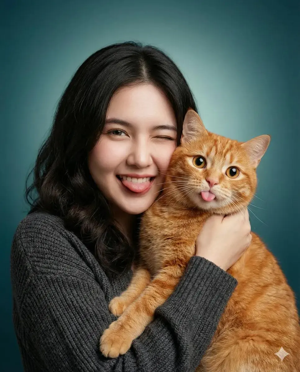 A heartwarming studio portrait of a young woman holding a...