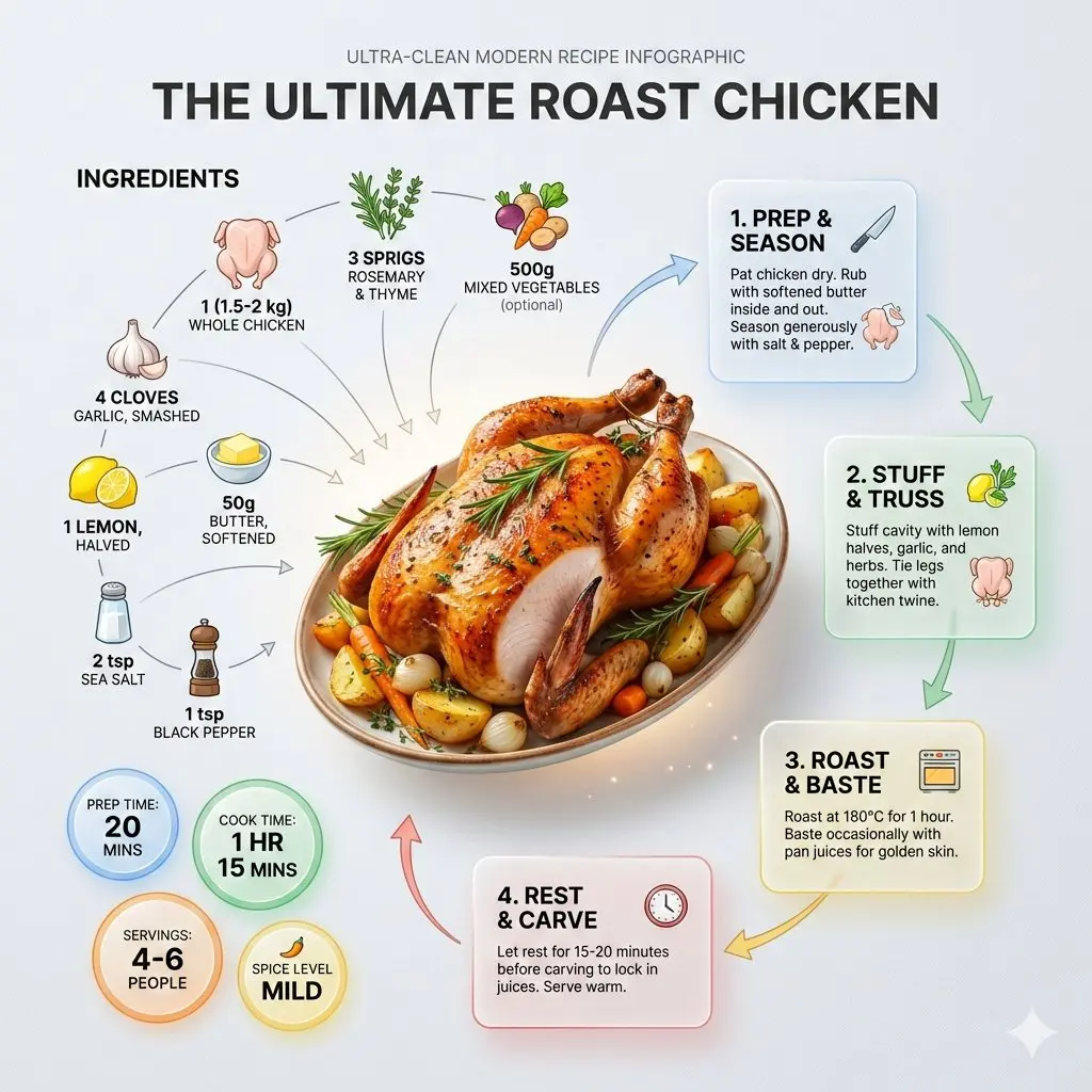 Ultra-clean modern recipe infographic. Showcase Roast chi...