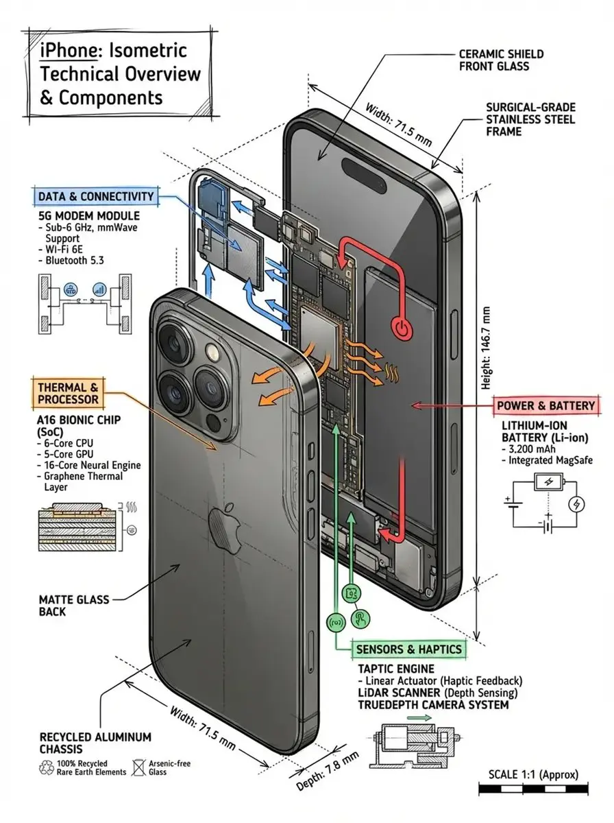 Create a technical infographic of [OBJECT] with a 45-degr...