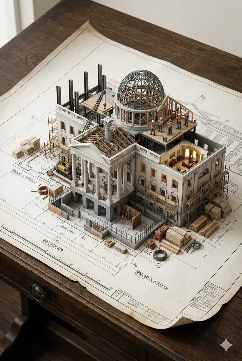 An architectural blueprint of [BUILDING_NAME] placed on a...