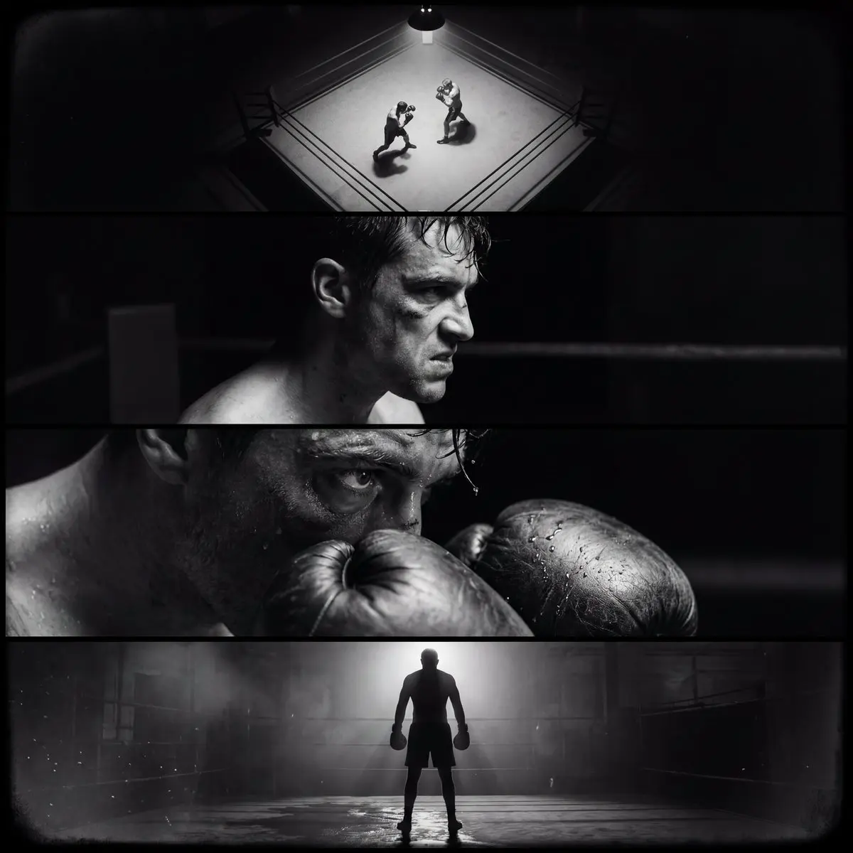 Create a single film noir–style cinematic image divided i...