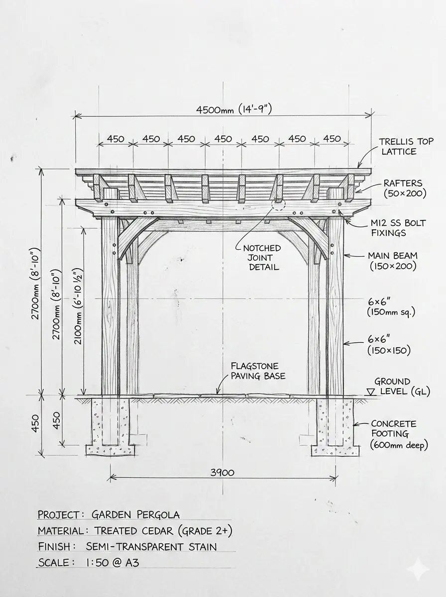Pergola Blueprint Prompt: Hand-drawn architectural pencil...