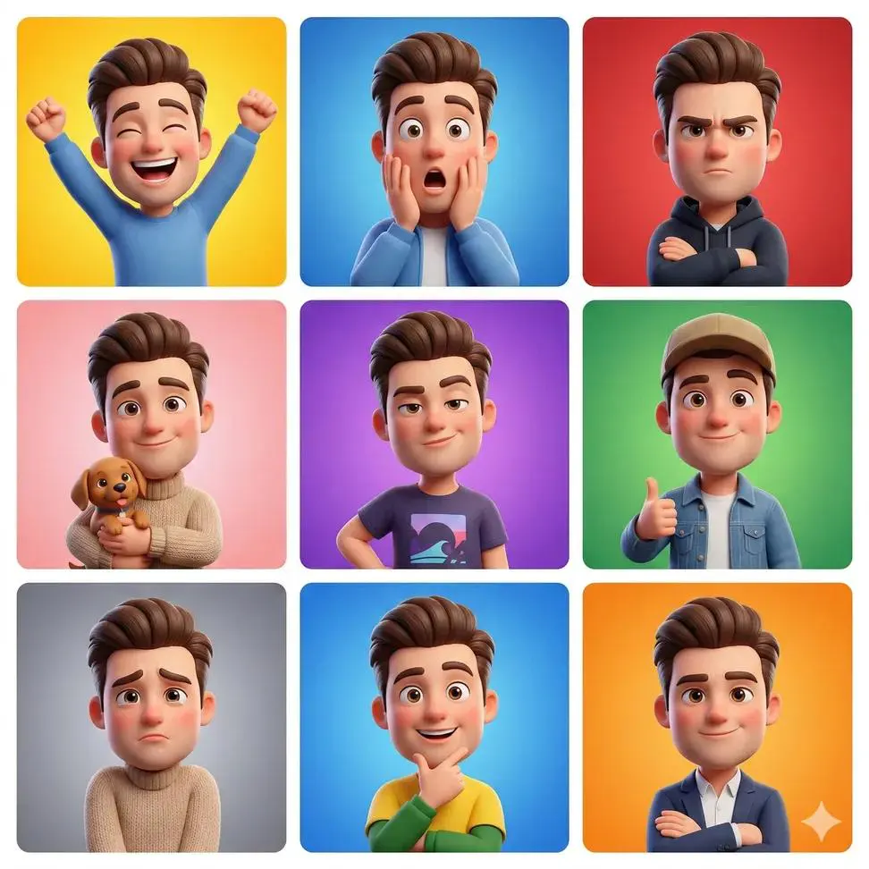 3D cartoon avatar character showing different emotions ar...