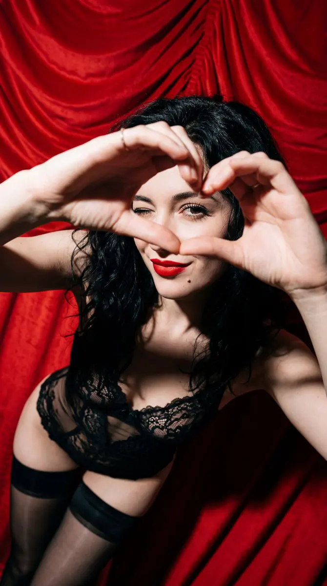 Subject: A young woman with wavy, tousled jet-black hair....