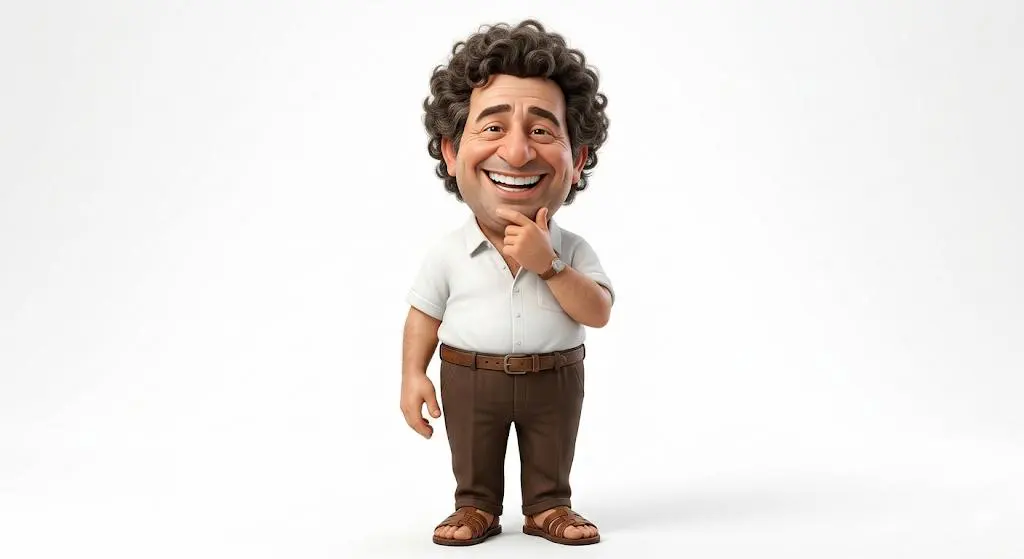 A highly detailed 3D caricature of a cheerful man with an...