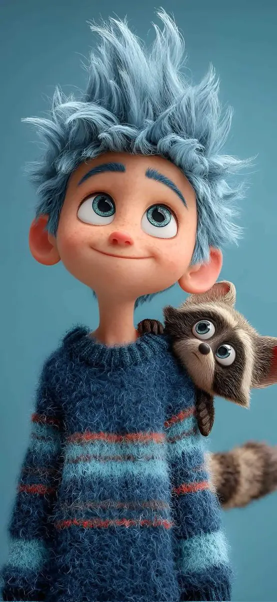 Cute stylized 3D animated boy with messy fluffy blue hair...