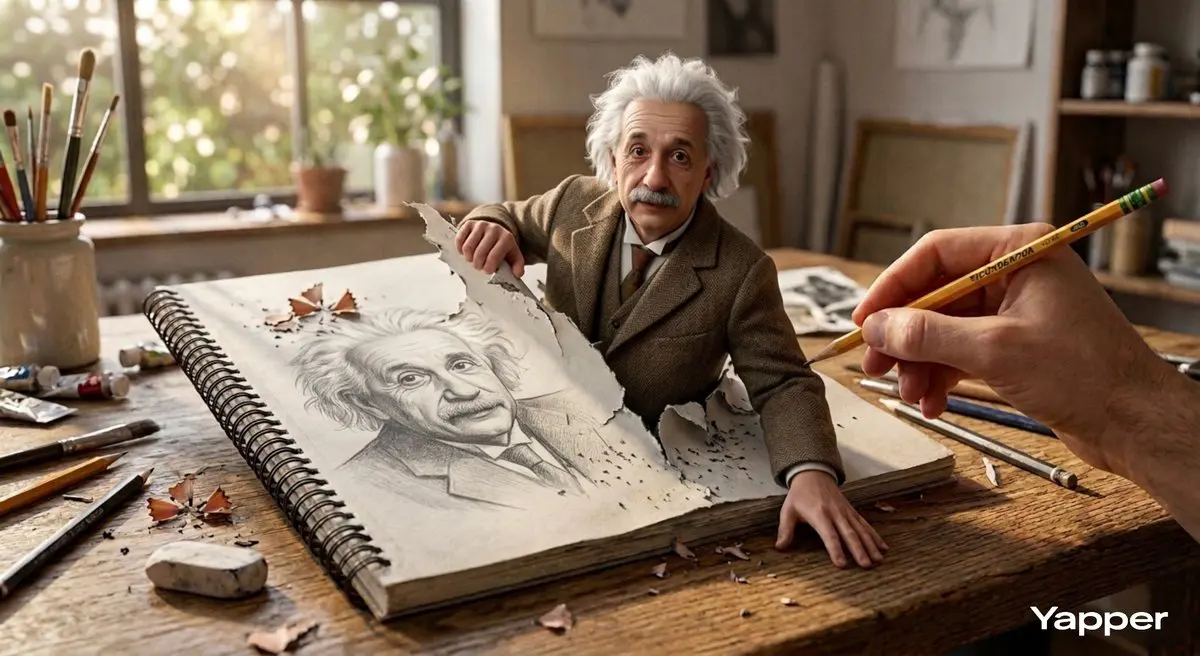 Hyper-realistic 3D illustration of Albert Einstein emergi...