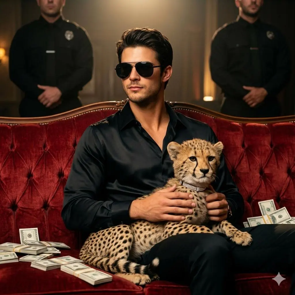 Using the reference picture, create A stylish man sitting...
