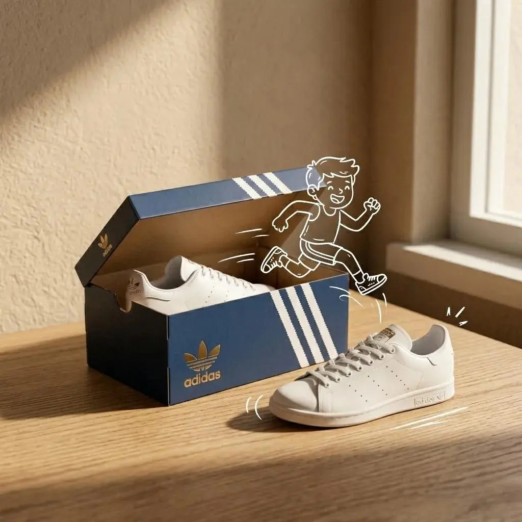 Adidas sneakers in the box, minimalist product photograph...