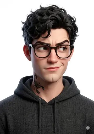 3D stylized character portrait of a young man, curly dark...