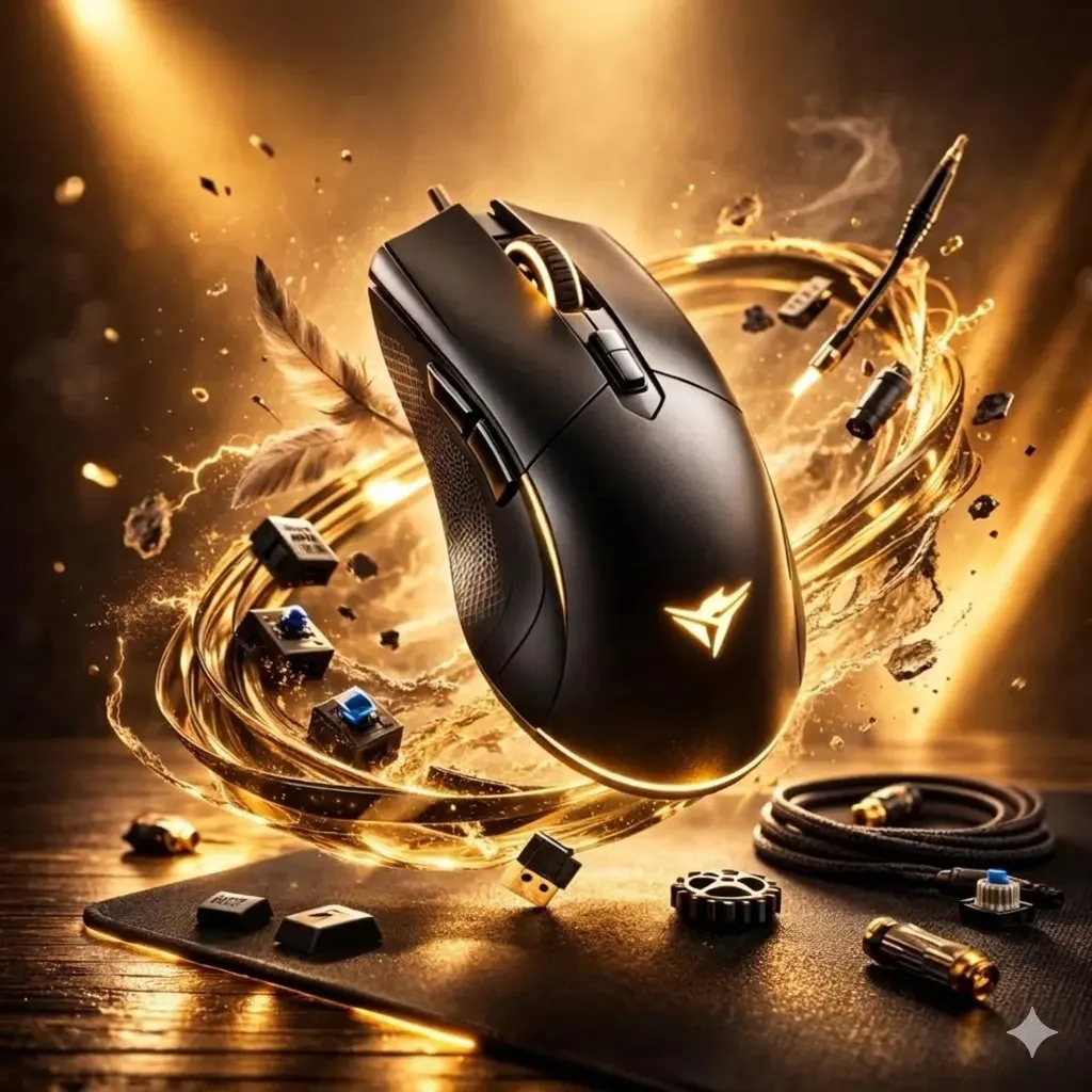 Ultra-realistic gaming mouse floating above a desk, surro...