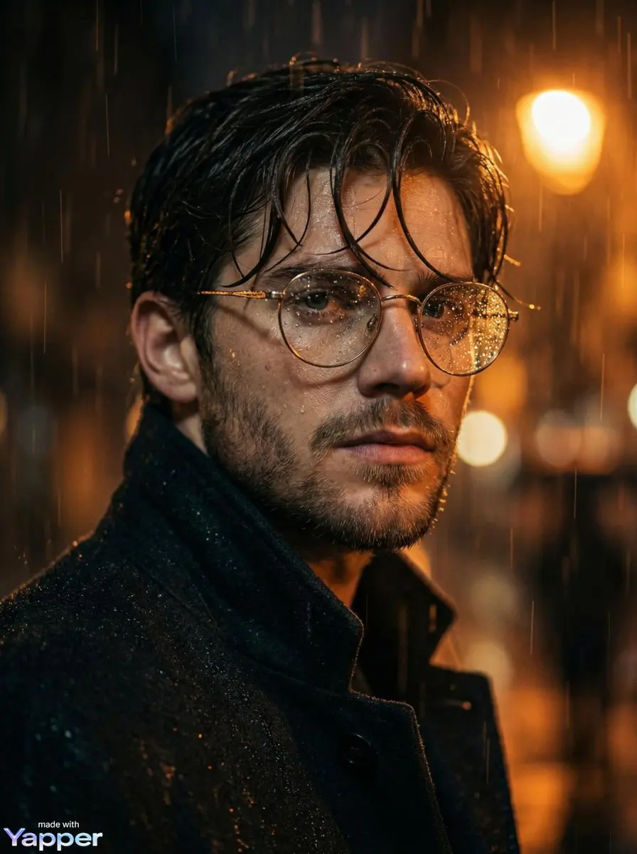 Cinematic close-up portrait of a young man standing in he...