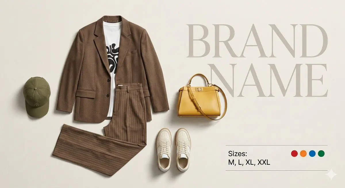Create a premium fashion catalog flat lay on a clean soft...