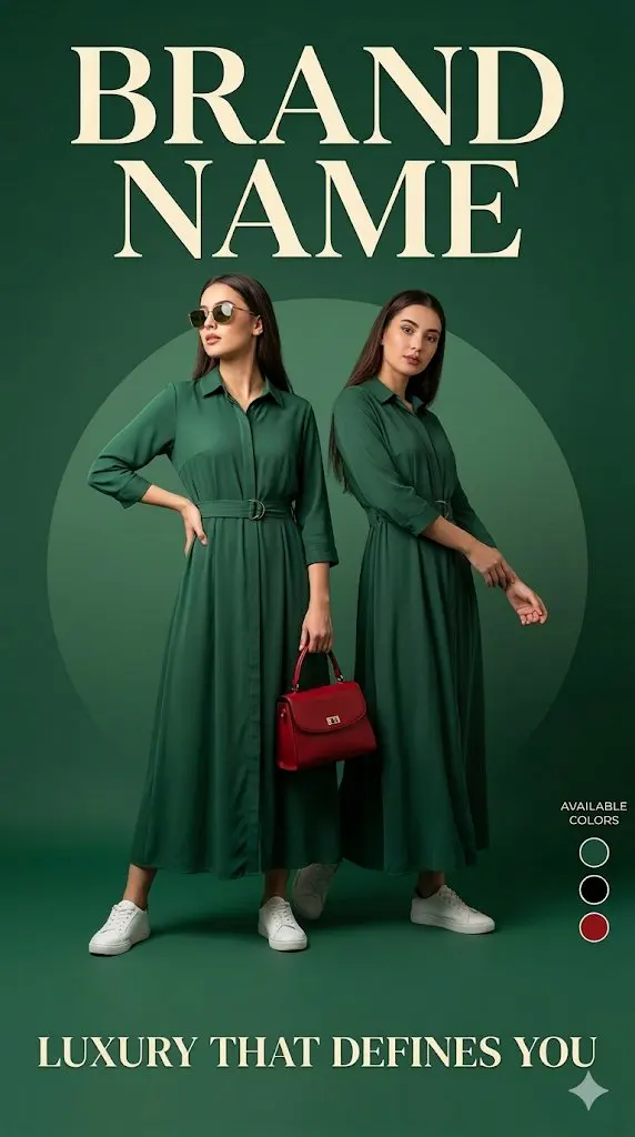 Luxury fashion advertisement poster, deep green backgroun...