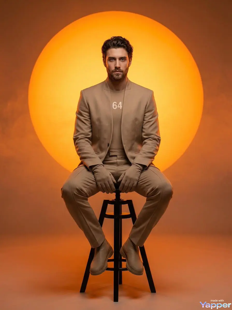 A man with short curly hair and light facial hair sitting...