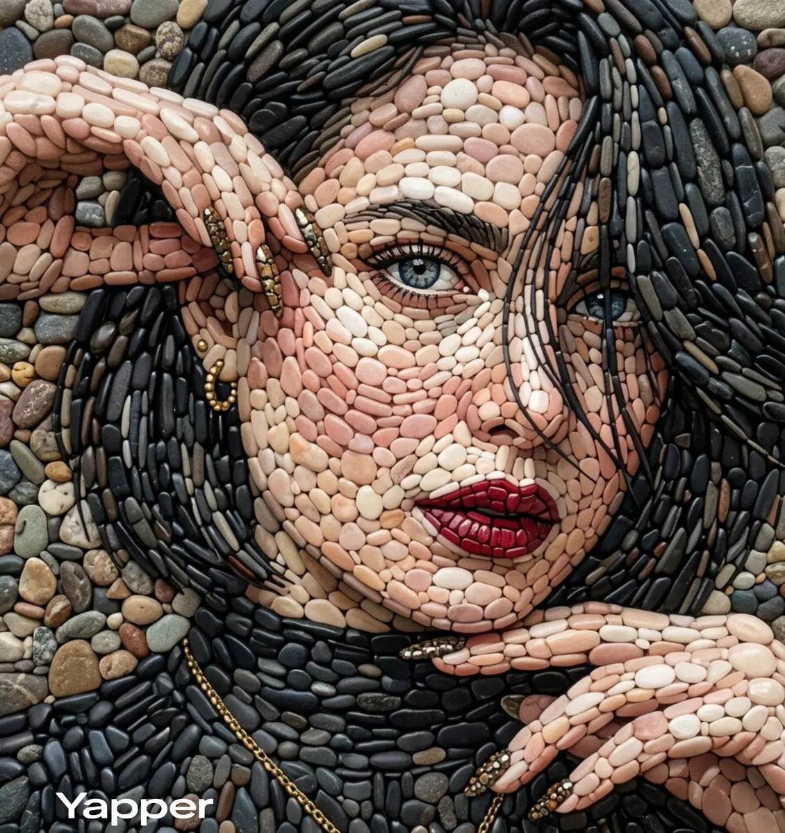 A highly detailed pebble mosaic portrait of a beautiful w...
