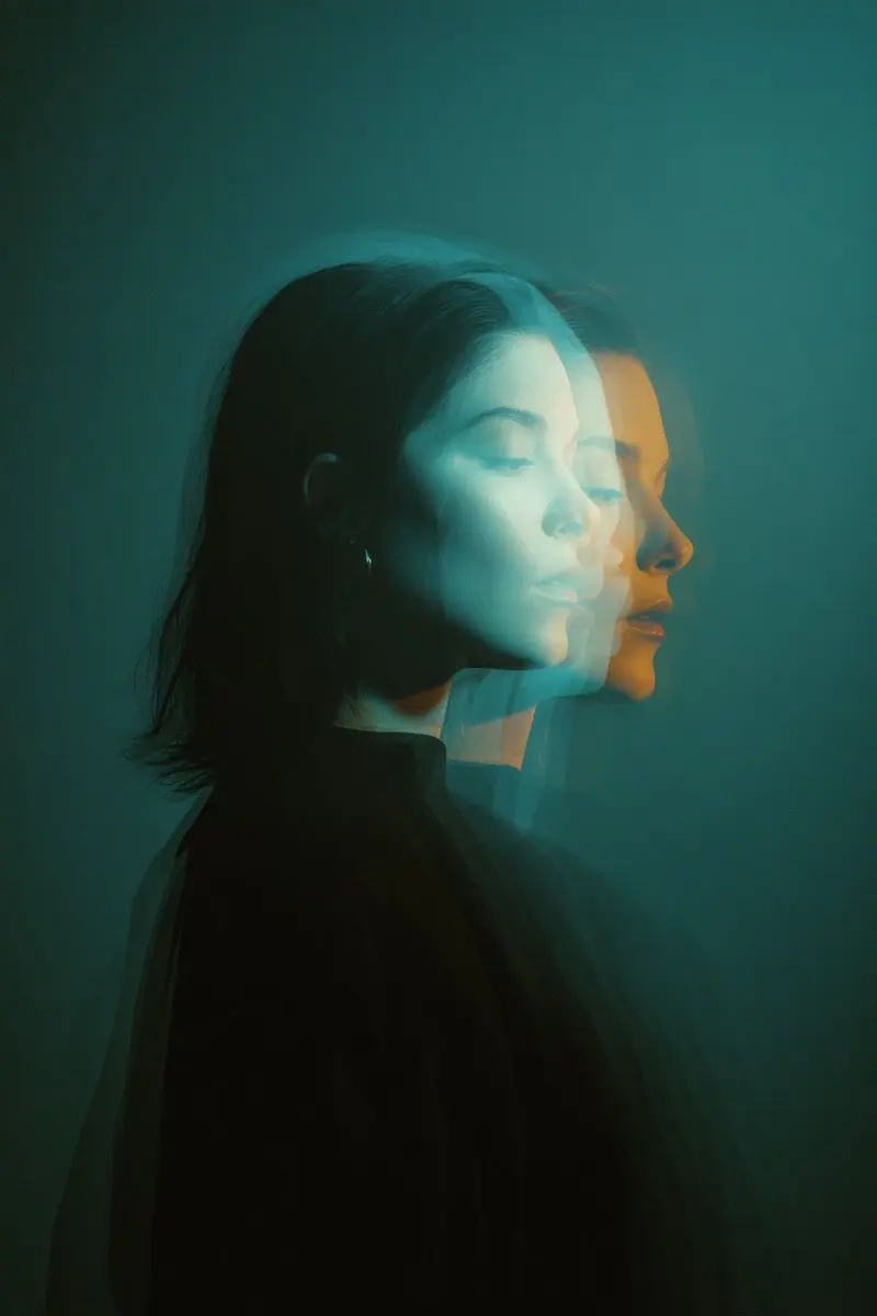 Cinematic double exposure portrait of a woman in side pro...