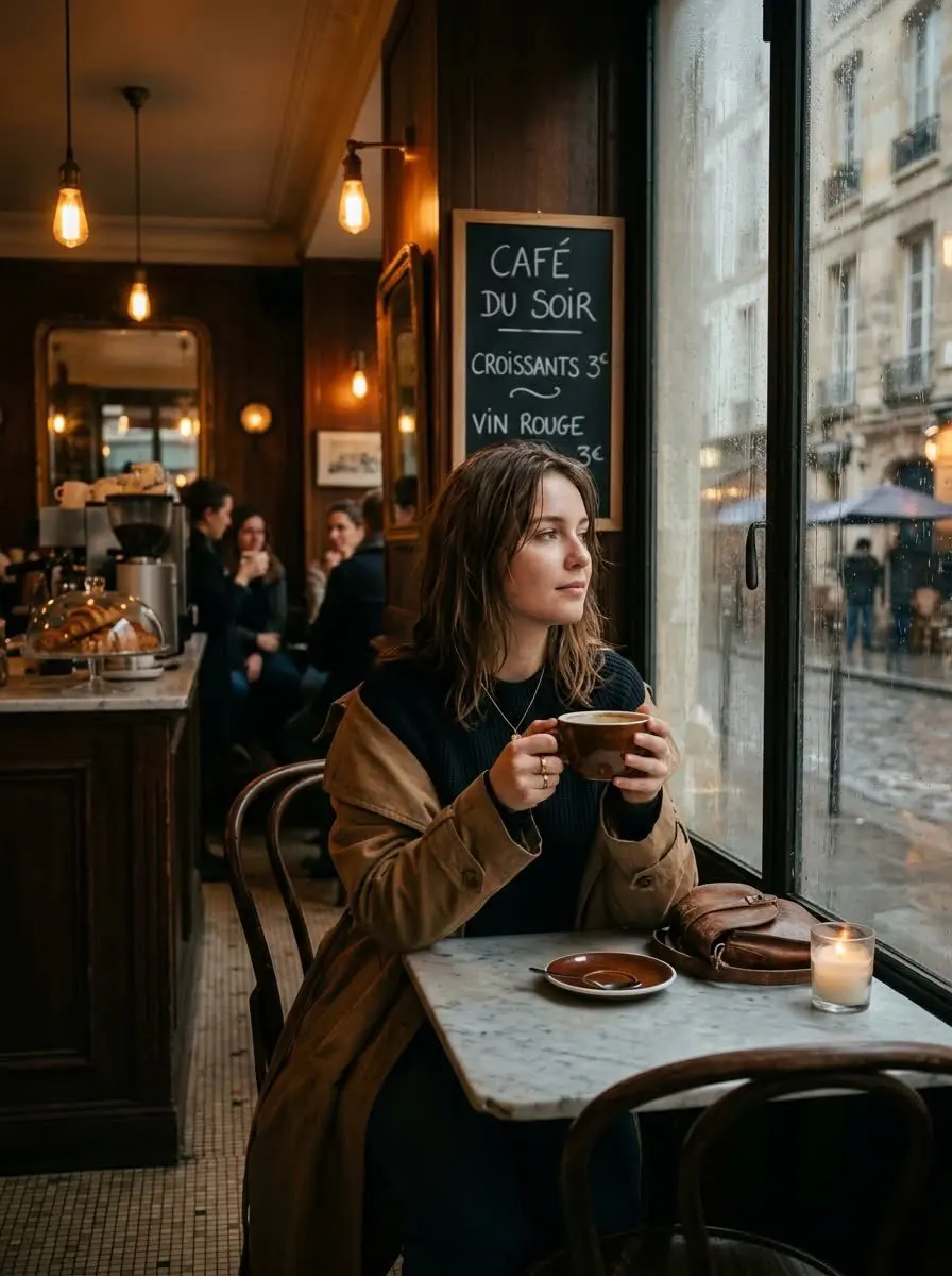 Cinematic photo of a young woman sitting alone in a cozy ...