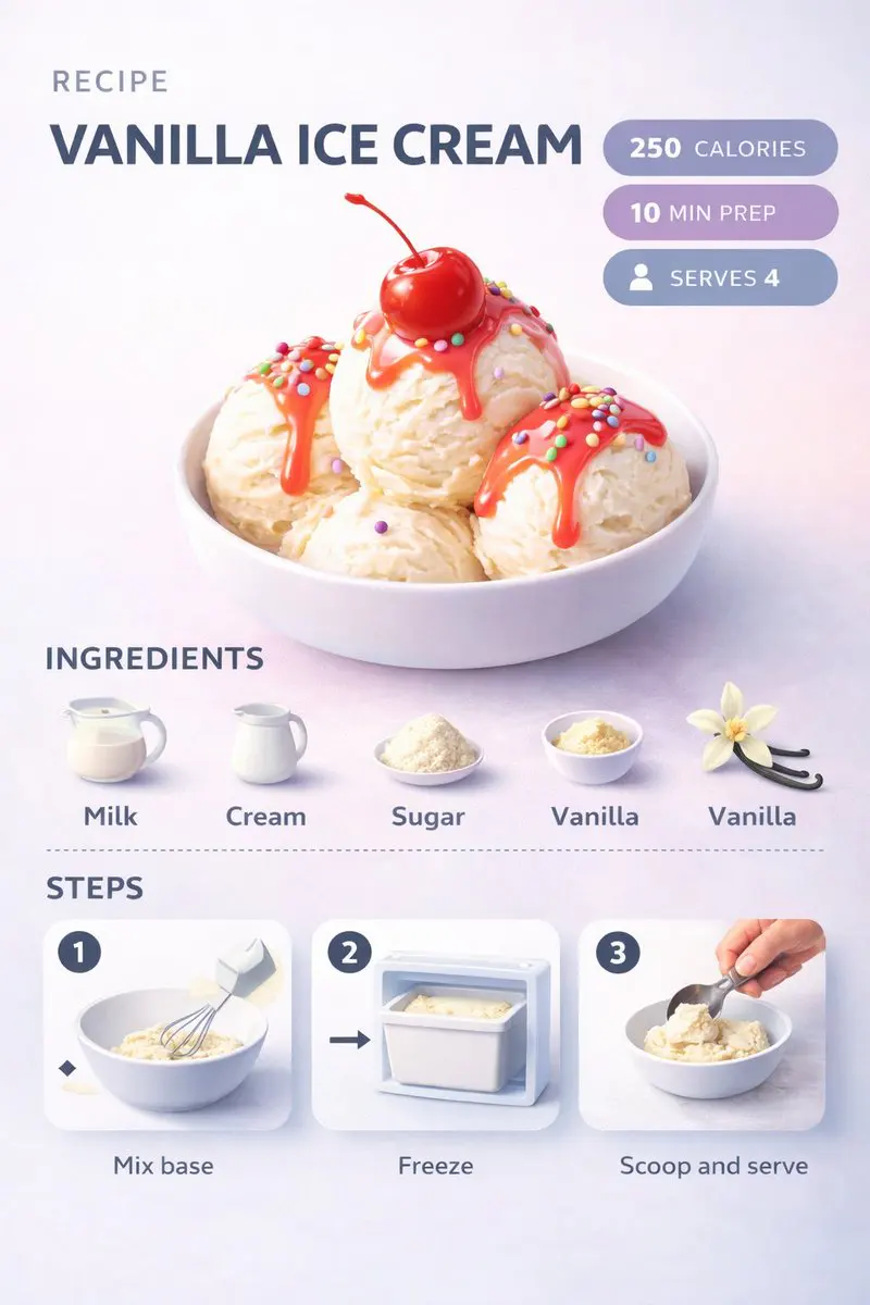 Ultra-clean modern recipe infographic. Showcase Vanilla I...